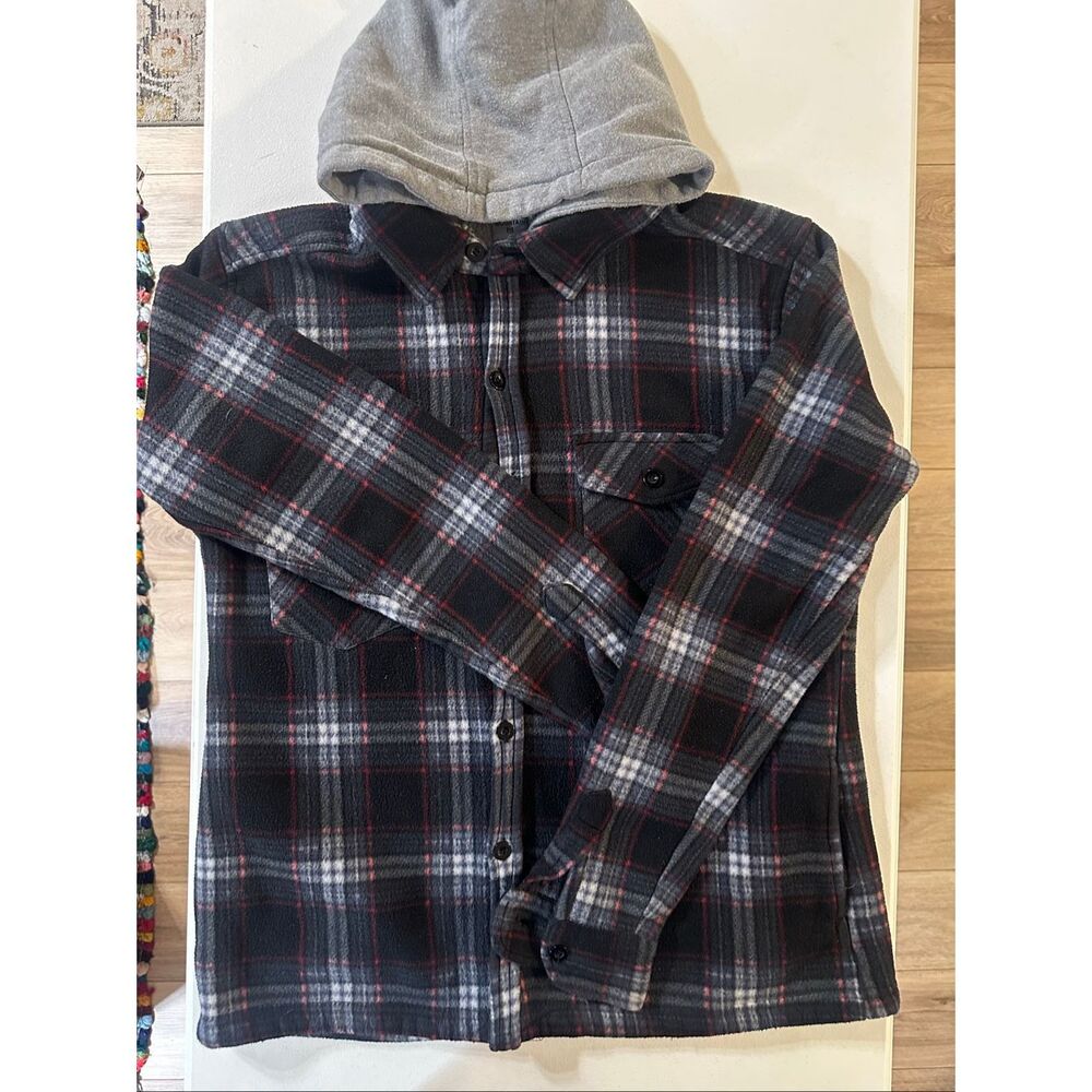 Oakwood Mountain Men's Black Gray Plaid Flannel Sherpa Lined Hoodie Size Medium